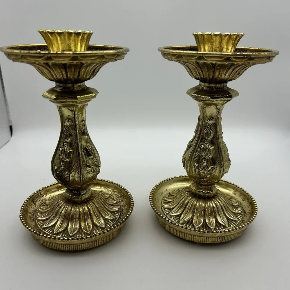 VTG‎ Villy Gold Ornate Cast Metal & Resin Candlestick Pillar Candle Holder SET 2